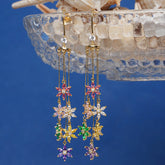 Colorful flower-shaped earrings on a clear stand against a blue background