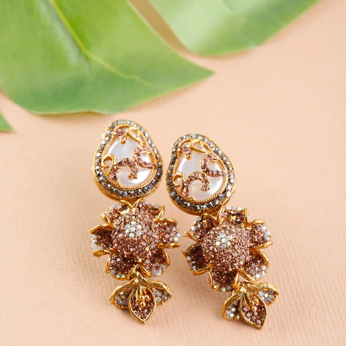 Gold and brown floral earrings