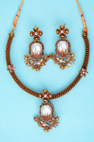 Varnika Golden  Pearl Necklace Set