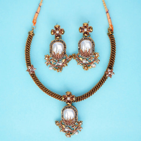 Varnika Golden  Pearl Necklace Set