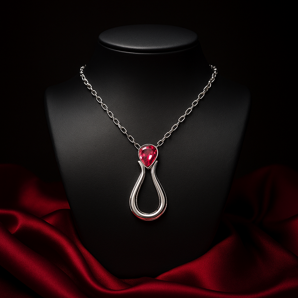 Silver necklace with a red heart-shaped pendant on a black background