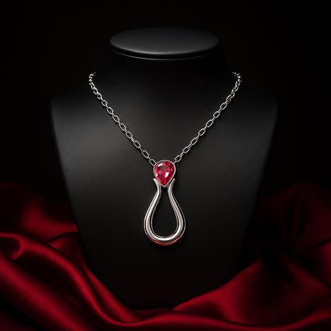 Silver necklace with a red heart-shaped pendant on a black background